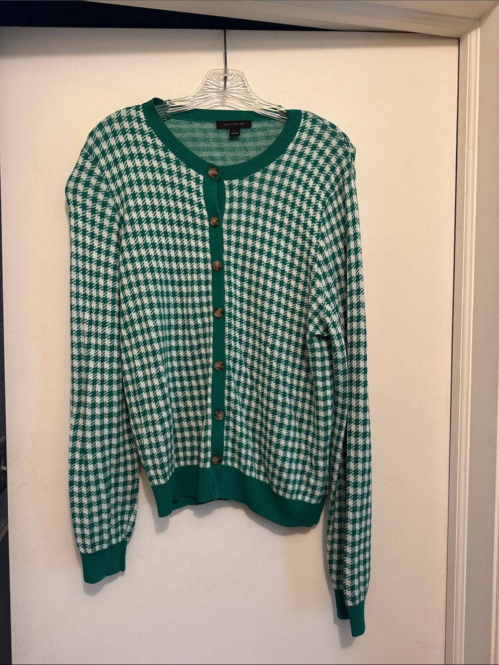 Ann Taylor Green and White Houndstooth Button-Front Cardigan